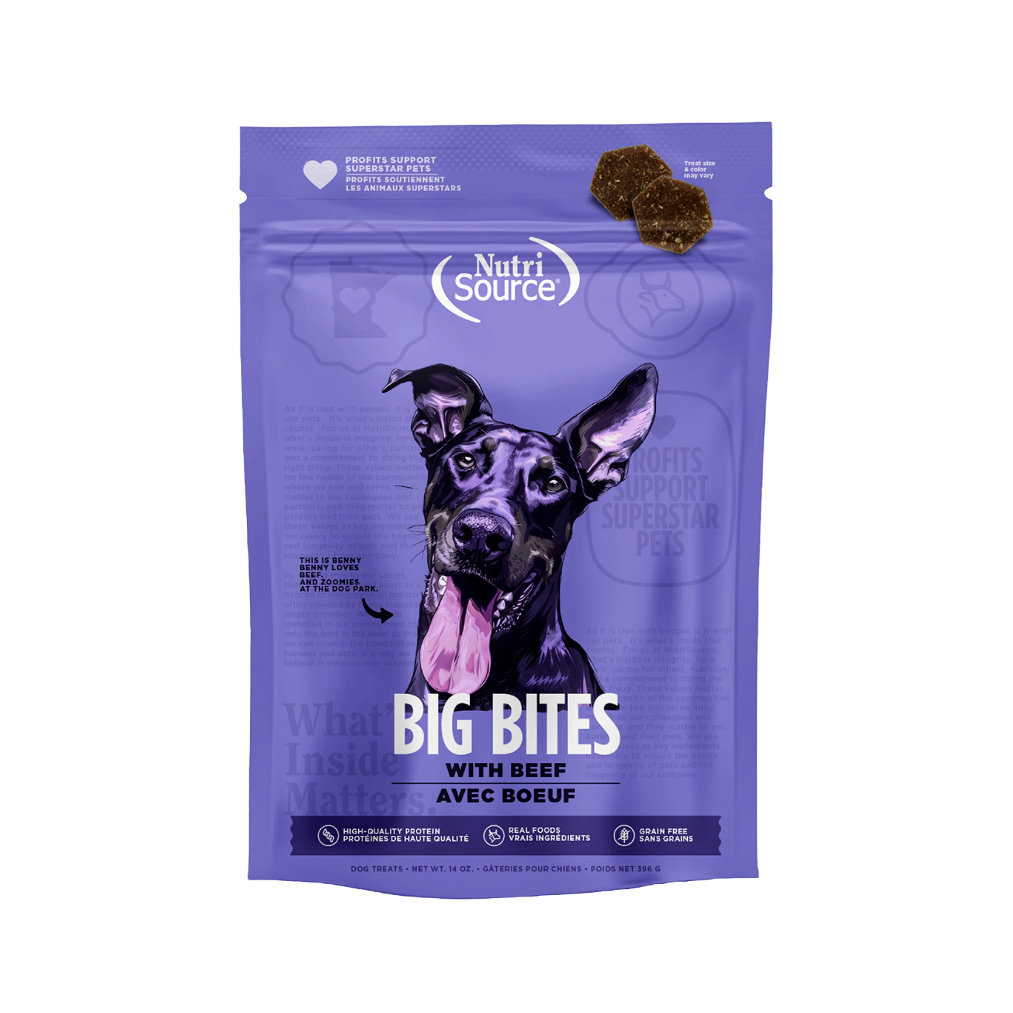 Snack para Perro NutriOurce Grain Free Bocados Grandes con sabor a Carne 14 Oz.